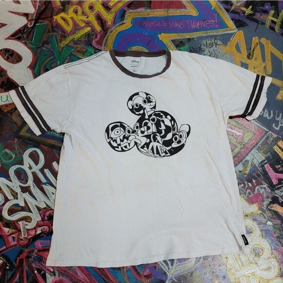 Retro Disney Jon Burgerman Mickey Mouse graphic white & brown ringer style tee - Picture 1 of 8